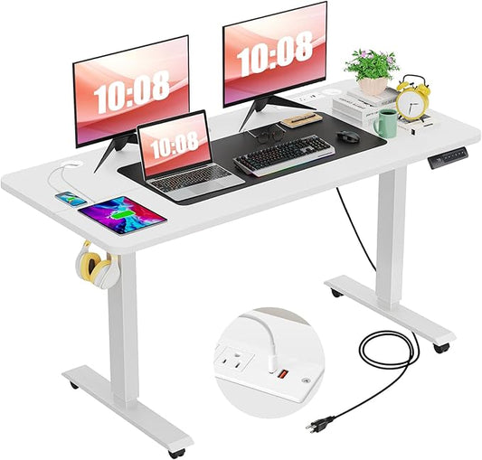 farexon 55 x 24 inch Standing Desk Electric Adjustable Height with Charging Station, USB Outlets, Stand up Desk with Ergonomic Workstation, 4 Preset Heights Easy to Set(White)