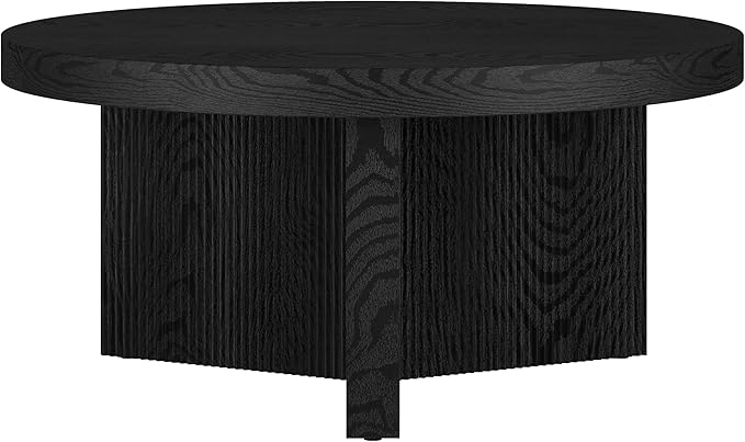 Henn&Hart 32" Fluted Round Low-Profile Coffee Table with Ribbed Pedestal Base for Living Room, Family Room, Office, or Apartment, Black Grain