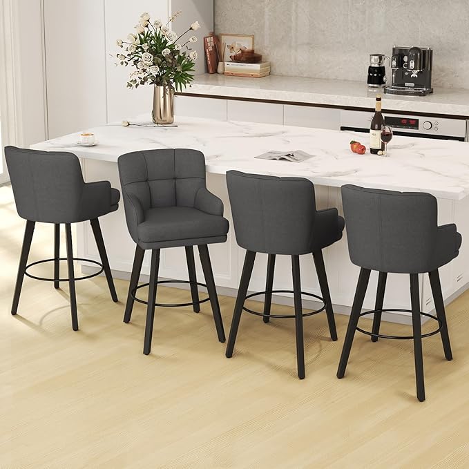 360°Swivel Counter Height Bar Stools with Back, 30 inch Solid Wood Legs, Bar Stool Modern Kitchen Island Chairs, Fabric (Black Grey- Fabric, 30" H- Set of 4)