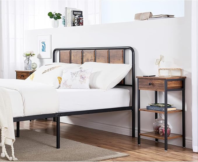 VECELO Tall End Table with Adjustable Shelf Night Stand with Drawer for Small Spaces,Living Room Bedroom, Brown,Set of 2