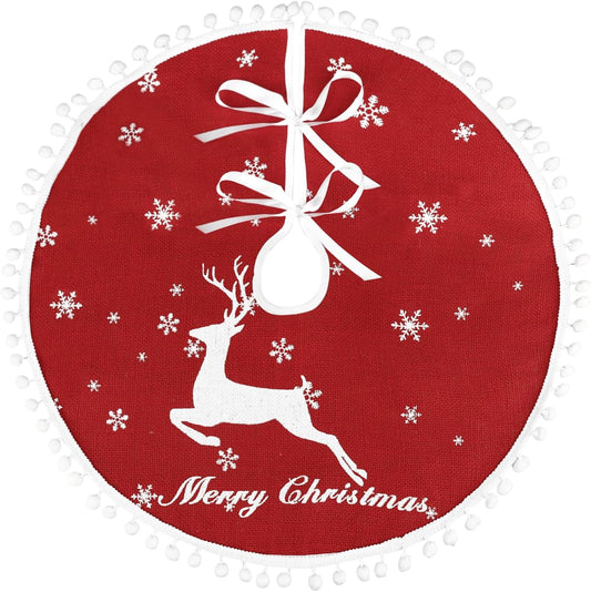 36 Inch Christmas Tree Skirt, Burlap Red Christmas Rustic Tree Skirt with Elk Deer and White Snowflake Printed for Holiday Party Xmas Tree Decoration