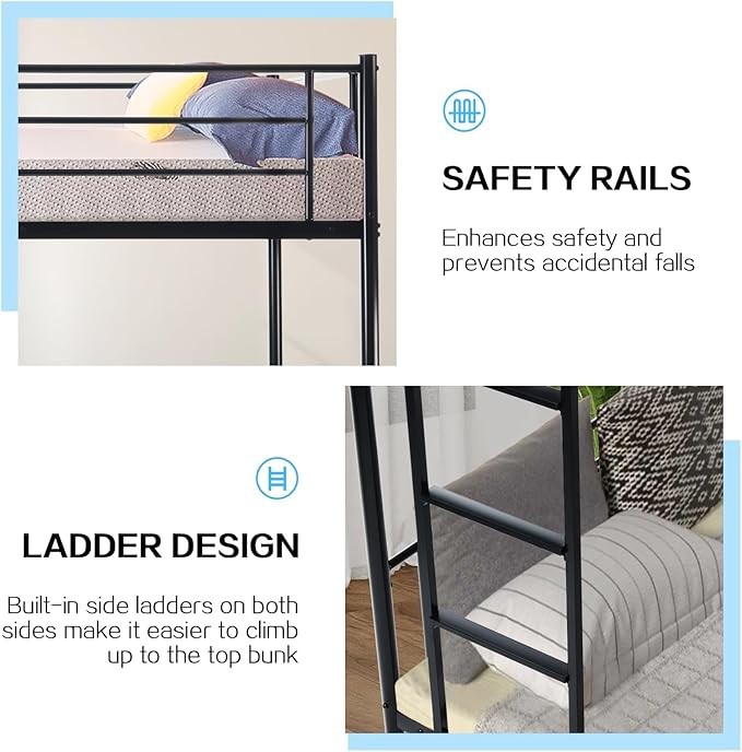 Bunk Bed Twin Over Twin,Bunk Beds for Kids Teens Adults with Ladders and Guardrail,Sturdy Literas Heavy Duty Metal Slats,400 lbs Capacity,No Spring Box Required,Black