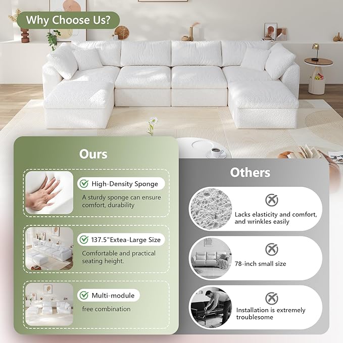138" Boneless Cloud Couch Modular Sectional Sofa with Deep Seat for Living Room, L Shape Couch with Ottoman, Snowflake Cloth and 40D Memory Sponge，2 Throw Pillows (White, 4 Seater+1 Ottoman)