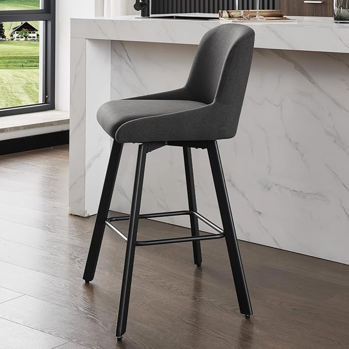 Swivel Counter Height Bar Stools Set of 4, 29''H Upholstered Barstools with Backs, Modern Bar Stool Chairs for Kitchen Island, Metal Legs, Fabric, Black Grey Stools Counter Chair