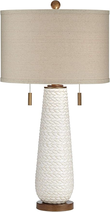 Possini Euro Design Kingston Mid Century Modern Table Lamp 32 3/4" Tall White Grooved Patterned Ceramic Taupe Drum Shade for Bedroom Living Room House Bedside Nightstand Home Office Entryway Family