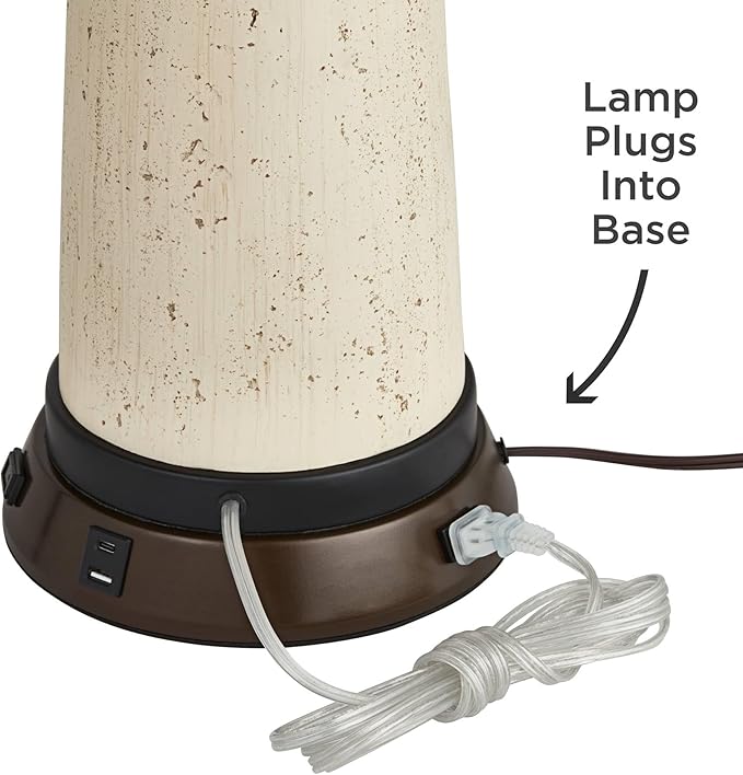 Possini Euro Design Cosgrove Mid Century Modern Table Lamp with USB and AC Power Outlet Workstation Charging Base 26.5" High Textured White Ceramic Light Brown Linen Drum Shade for Living Room