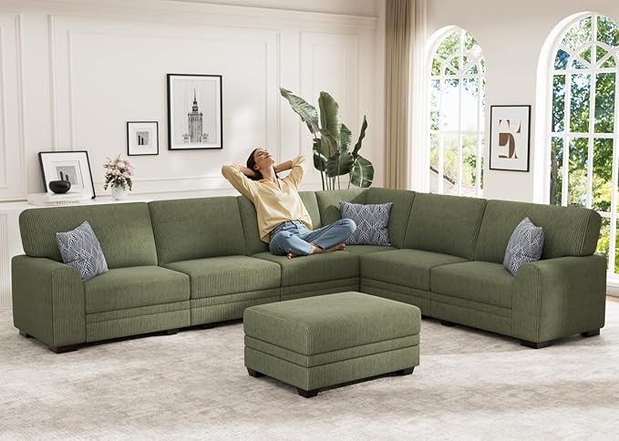 Wanderwell Oversized Modular Sectional Sofa, 6-Seater U Shaped Couches with Movable Ottoman,Corduroy Sectional Couch with Wide and Deep Seats Suitable for Living Room,Bedroom,Apartment (Olive, L-7)