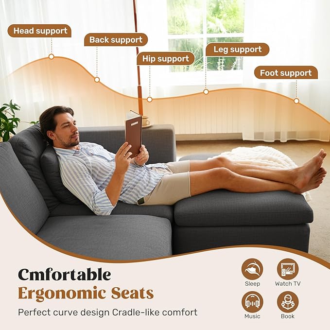 Loveseat Sofa, Cloud Boneless Couches for Living Room, 2 Seater Modular Sectional Sofa,Oversized,DarkGary Chenille