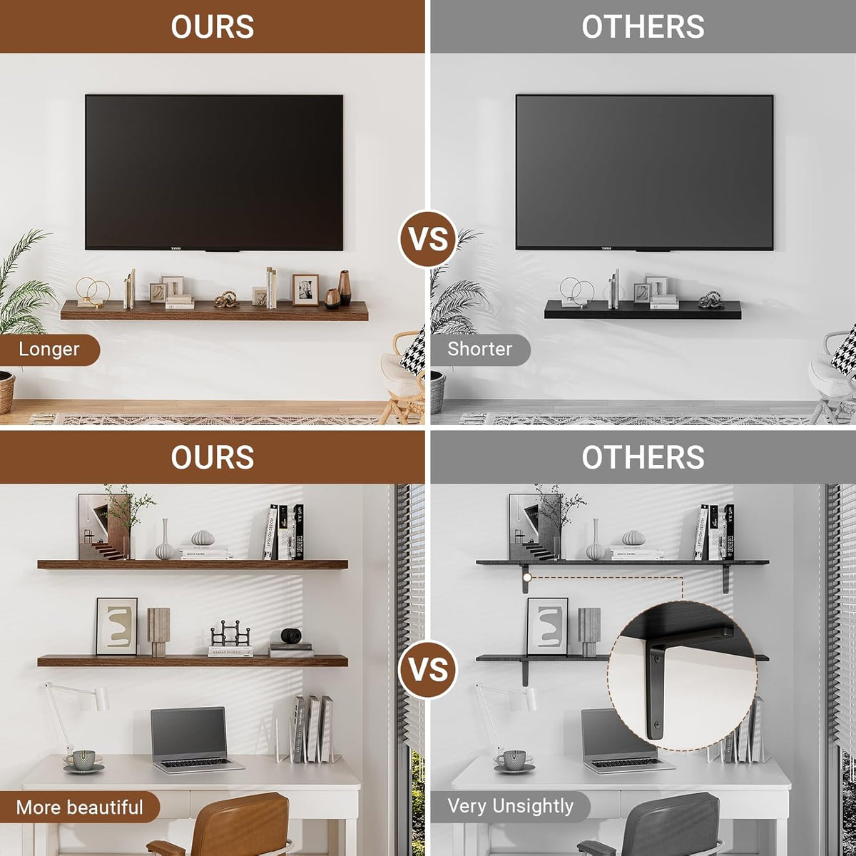 Heimlove 55 Inch Long Floating Shelves for Wall,9.3" Deep Walnut Floating Shelf Set of 2,Large Display Shelf & Storage Shelf,Wall Mounted Shelves for Bedroom Living Room Kitchen Office