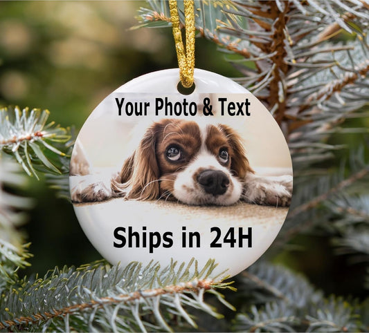 Personalized Christmas Ornament, Add Photo Text or Art Design and Make Your own Customized 3” Porcelain Ceramic Ornament, Gold String and Gift Bag Included (Round)