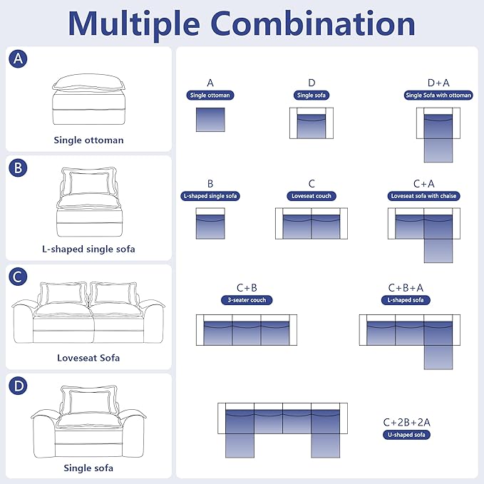 Hobestluk 120" Cloud Modular Sectional Couch 3-Seater Sofa with Ottoman L Shaped Sofa with Removable Cover Large Sofa Couch for Living Room (Blue Grey, 3-Seater Sofa with One Ottoman)