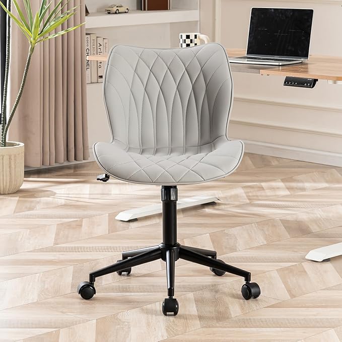 YOUNUOKE Armless Desk Chair Comfy Office Chair with Wheels Home Ergonomic Task Chair Adjustable Computer Chairs Modern Faux Leather Swivel Chair Upholstered Makeup Vanity Chair with Back(Gray)