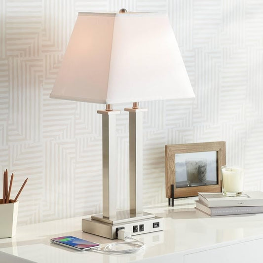 Possini Euro Design Amity Modern Table Lamp 26" High with USB and AC Power Outlet in Base Brushed Nickel White Linen Hardback Shade for Bedroom Living Room House Home Desk Bedside Nightstand Office