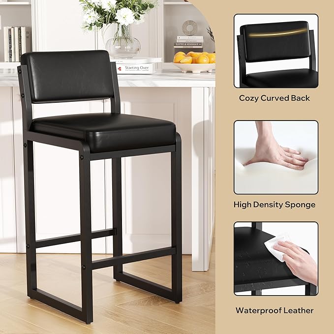 Bar Stools Set of 3, Faux Leather Counter Height Bar Stools with High Back and Metal Legs, Upholstered Bar Chairs, 26" Modern Barstools for Kitchen Island, Black