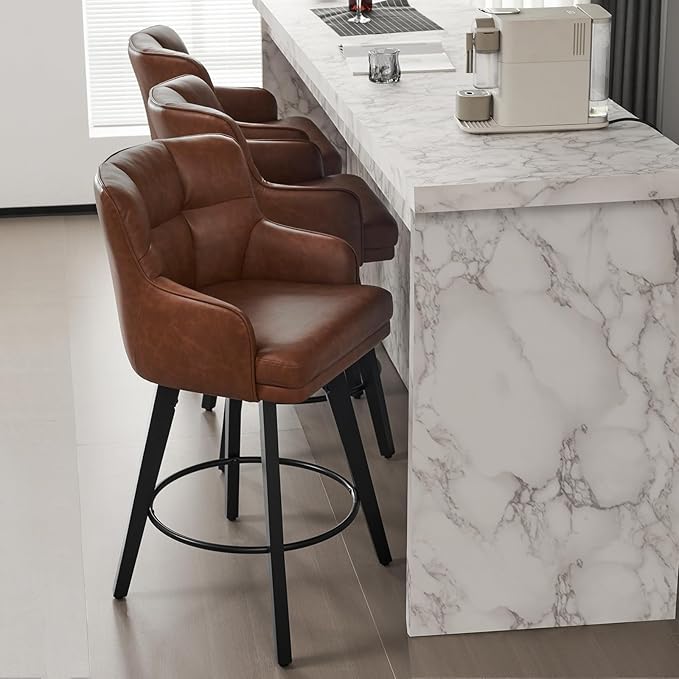 360°Swivel Counter Height Bar Stools with Back, 30 inch Solid Wood Legs, Bar Stool Modern Kitchen Island Chairs, Faux Leather (Brown- Faux Leather, 30" H- Set of 4)