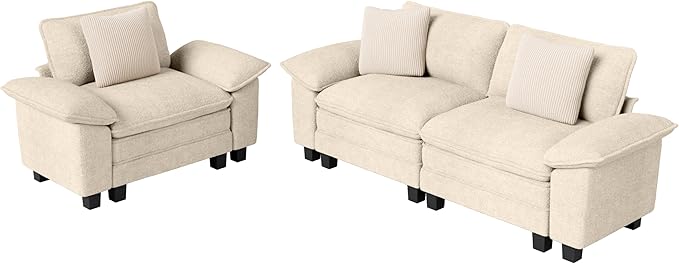 L-Shaped Cloud Modular Sofa Set with Chaise, Deep Seat 3-Piece Sectional & Removable Arms, Plush Chenille for Living Room - Beige