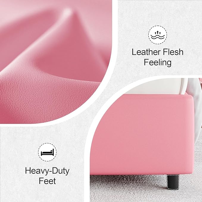 Queen Bed Frame with LED Lights, Faux Leather Upholstered Bed with Wingback Headboard, Modern Bed Frame, No Box Spring Needed, Easy Assembly, Pink