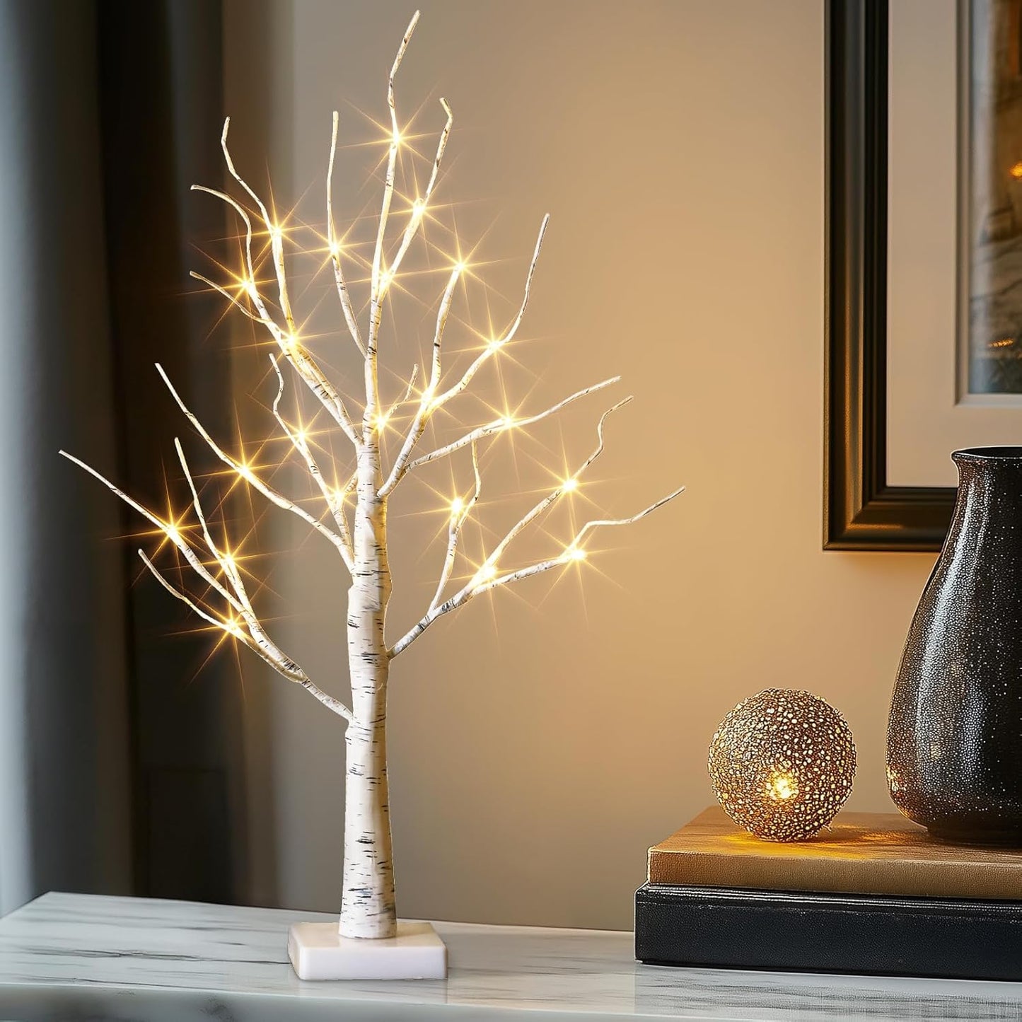 EAMBRITE Lighted Birch Tree Spring Decorations for Home, White Birch Tree with Lights, 24 LED Lighted Mini Money Tree Twig Tree Battery Operated with Timer, Christmas Indoor Centerpiece Decor (2FT)