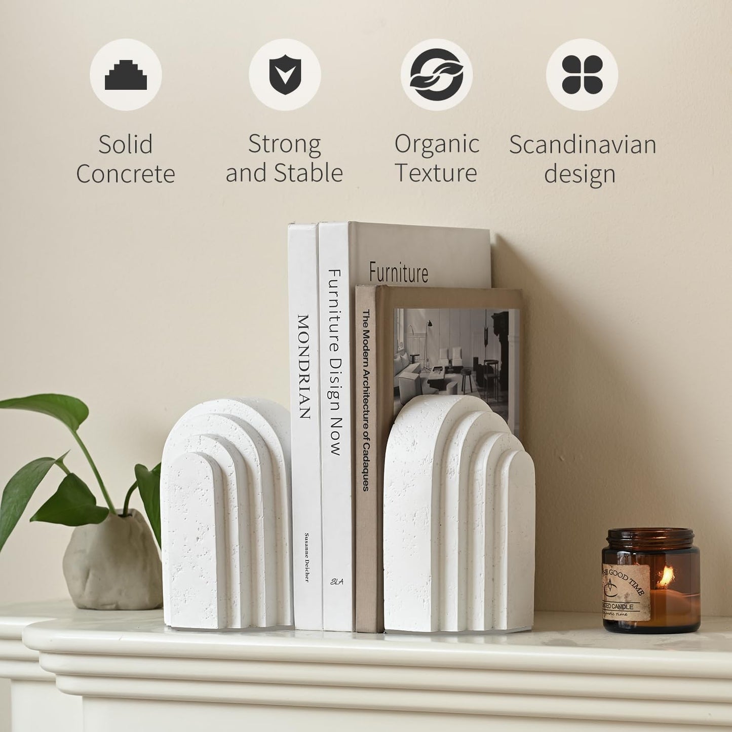 Decorative Bookends for Shelves, Set of 2 Book Ends for Heavy Books, Layered Arch Design White Bookend