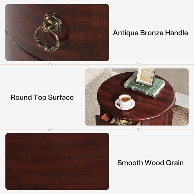 Tribesigns Solid Wood End Table, Round Side Table with 4 Drawers, Vintage Bedside Table Nightstand for Small Spaces, Living Room, Bedroom, No Assembly Required (2, Cherry Brown)