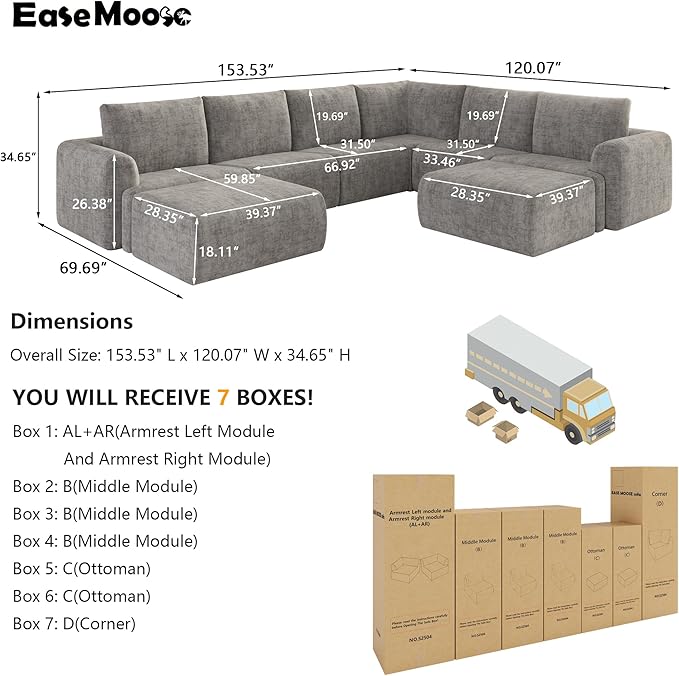 EASE MOOSE Oversized Sectional Cloud Couch, 8-Seat Modular Couch Set, Corner V-Shaped Deep-Seat Boneless Sofa, No-Assembly Chenille Sofa for Living Room, Light Grey