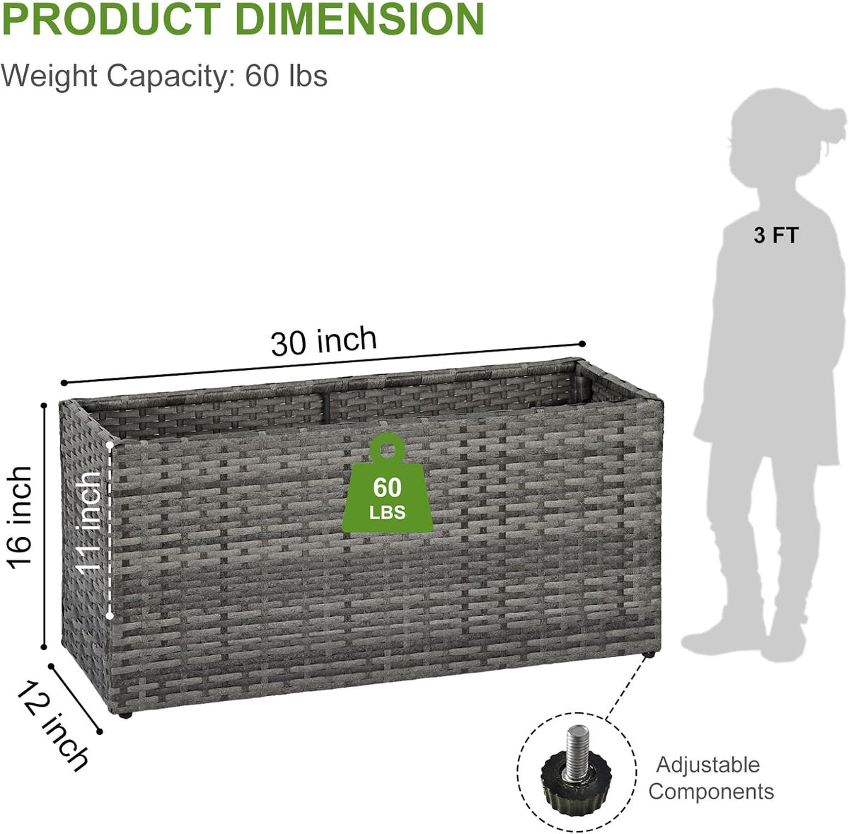 LEWIS&WAYNE Large Rectangular Block Planter Box Handmade Wicker Tall Planters for Outdoor Plants with Removable Liners Modern Planter for Indoor Outdoor Patio Deck - Gray, 30''x12''x16''