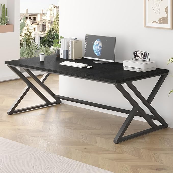 LVB 78.7" Black Computer Desk, Large Industrial Pc Study Home Office Desk, Long Modern Wood Gaming Work Writing Desk for 2 Person, Farmhouse Double Workstation Executive Desk with Storage in Bedroom
