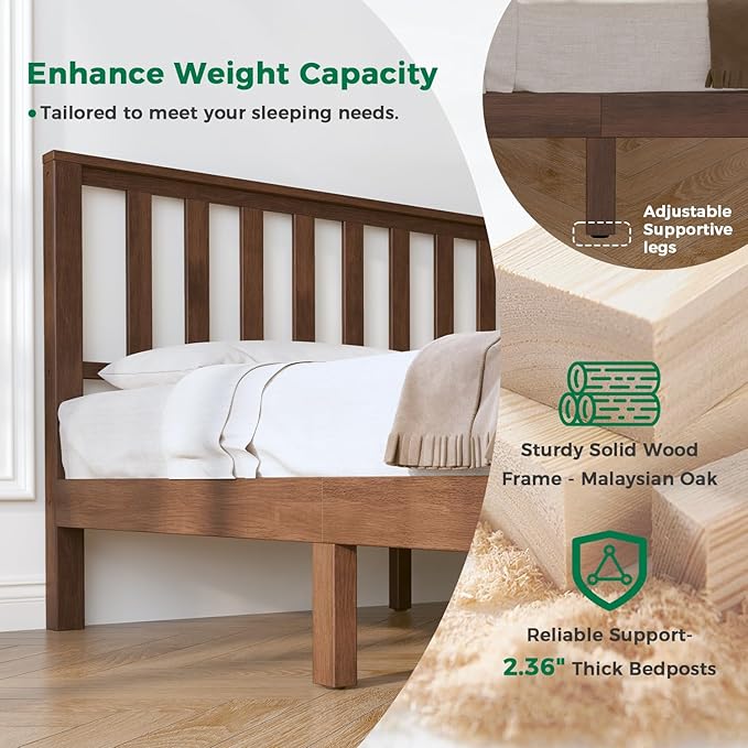 DELAVIN Solid Wood Queen Size Bed Frame with Headboard, Malaysian Oak Platform Bed Frame, Mid Century Modern Bedframe, No Box Spring Needed, Easy Assembly, Queen, Antique Espresso
