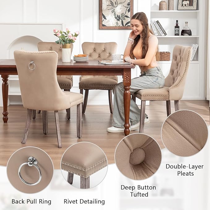 Velvet Dining Chairs Set of 4, Upholstered Dining Room Chairs with Nailhead Ring Pull Trim, Button Tufted Wing Back Chairs for Dining with Solid Wood Legs for Kitchen Dining Room(Khaki)