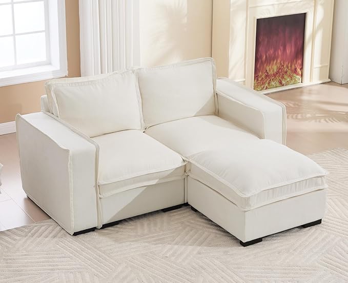 EALSON 67" Sectional Couch Modern Love Seat with Ottoman Modular Cloud Sofa with Deep Seat Comfy Linen Loveseat Sofa Convertible L Shaped Couches 2 Seater Couch for Living Room/Bedroom, White