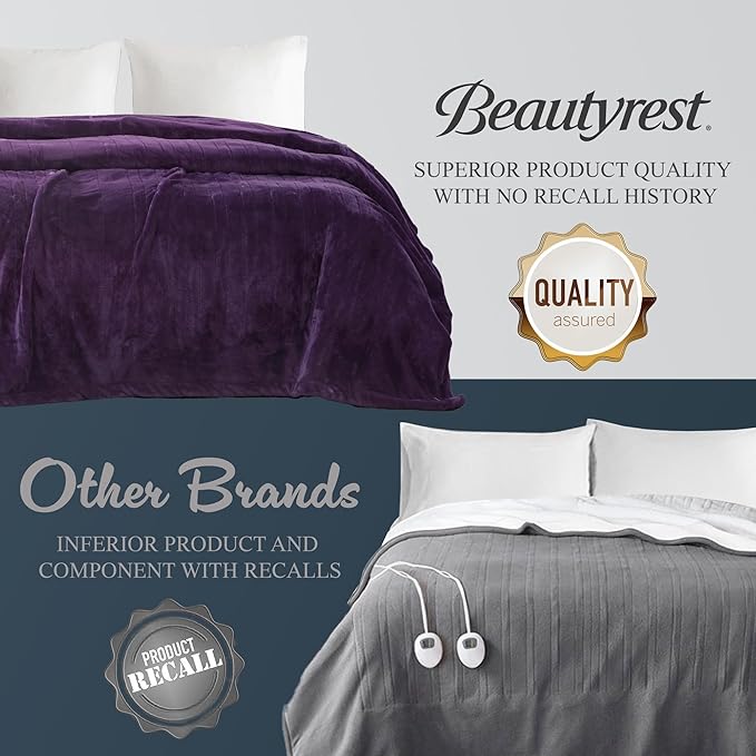 Beautyrest Heated Electric Blanket for Cold Weather, Fast Heating Heated Blanket, Auto Shut Off, Virtually Zero EMF, Multi Heat Setting, UL Certified, Purple Queen (90 inx84 in)