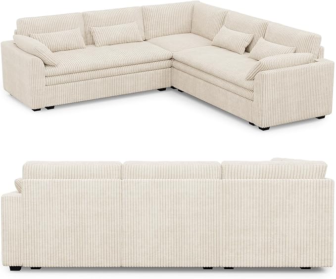 Belffin Large Modular Sectional Sofa with Double 61" Loveseat, Corduroy Corner Couch with 9" Soft Dual-Layer Seats Cushion for Living Room, Apartment, Small Sapce, Beige