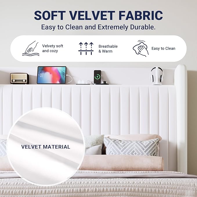 Allewie Queen Size Platform Bed Frame with USB Charging Station and Storage Shelf/Upholstered Velvet Wingback Headboard/Wooden Slats Support/No Box Spring Needed/Easy Assembly, White