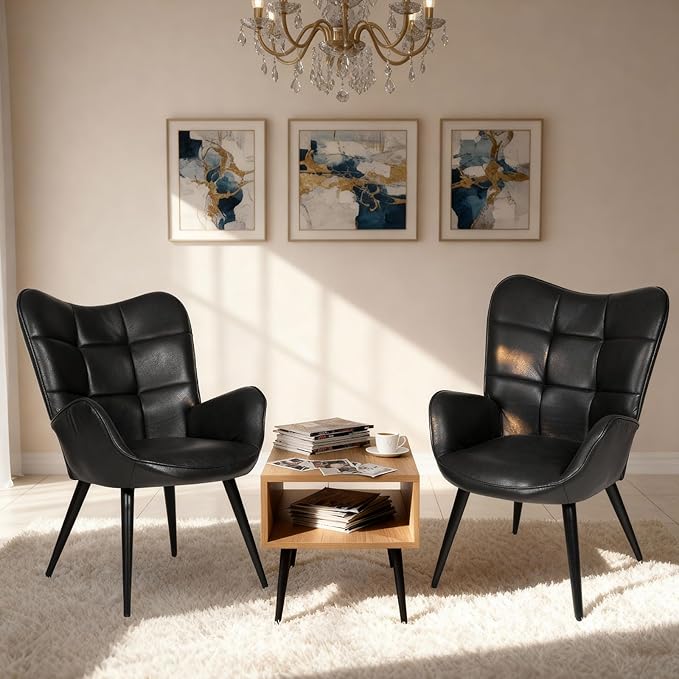 Modern Dining Room Chairs, Mid Century Faux Leather Kitchen Chairs with Back Support and Metal Legs, Accent Upholstered Dinner Chair for Kitchen, Dining Room, Living Room, Restaurant, Black