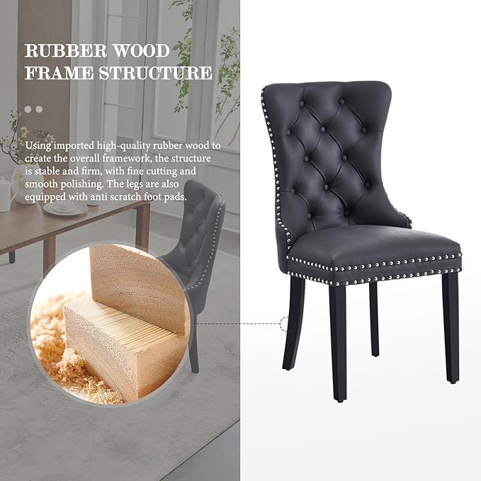 Leather Dining Chair Set of 2, Dining Room Chairs with Nailhead Ring Pull Trim, Upholstered Dining Chairs with Solid Wood Legs for Kitchen Dining Room (Black)