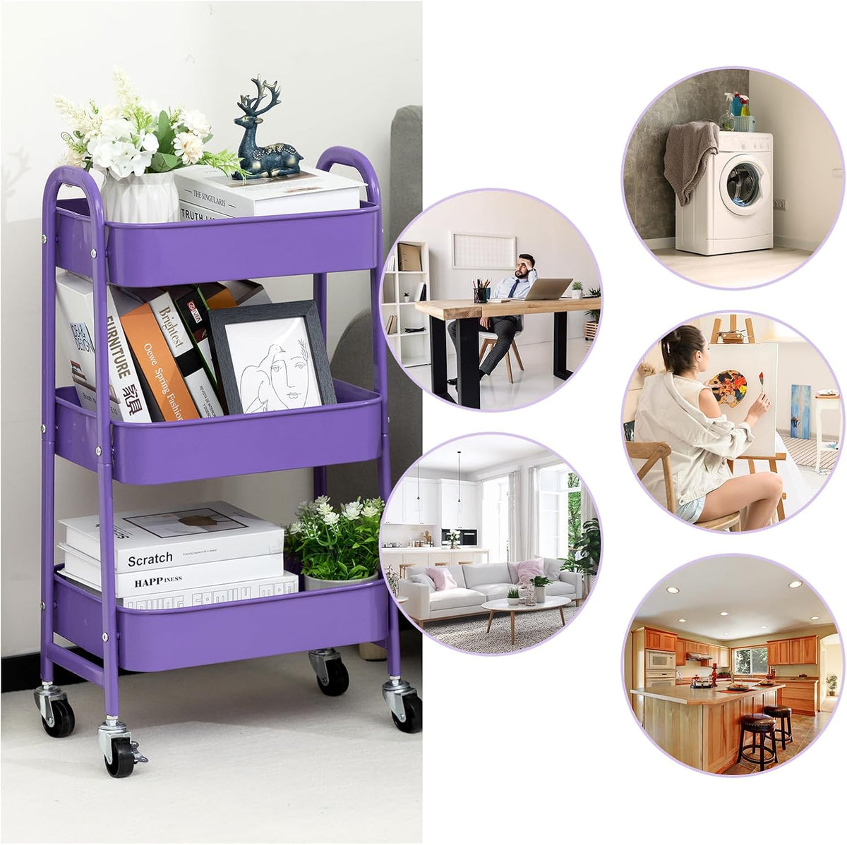 AGTEK Makeup Cart, Movable Rolling Organizer Cart, 3 Tier Metal Utility Cart with Lockable Wheels for Home & Office, Violet