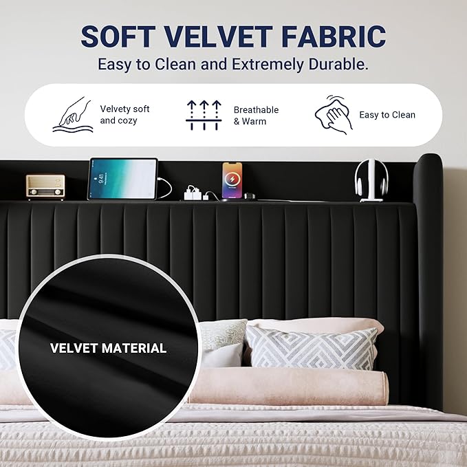 Allewie King Size Platform Bed Frame with USB Charging Station and Storage Shelf/Upholstered Velvet Wingback Headboard/Wooden Slats Support/No Box Spring Needed/Easy Assembly, Black