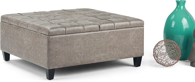 SIMPLIHOME Harrison 36 inch Wide Transitional Square Coffee Table Storage Ottoman in Distressed Grey Taupe Vegan Faux Leather, Assembled, For the Living Room and Bedroom