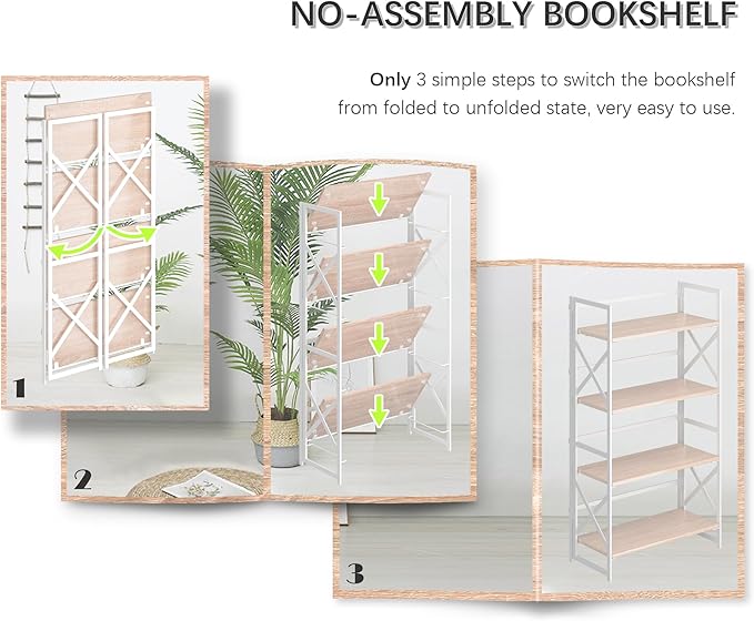 4NM 4 Tiers No Assembly Book Shelves, 41.3" H Folding Bookshelf Bookcase Open Industrial Foldable Shelves for Bedroom, Living Room, Home Office - Natural White