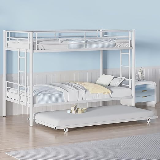 VECELO Twin Over Twin Bunk Bed with Trundle, Metal Bunkbeds with Ladder and Full-Length Guardrail, Noise Free, No Box Spring Needed, Off White