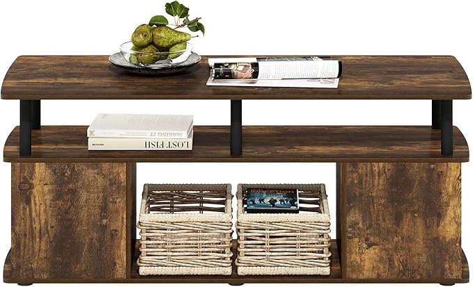 Furinno Jaya Coffee Table, Rectangle Modern Coffee Table with Open Shelf, Side Table with Side Storage, for Living Room, Bedroom, Home Office, Amber Pine