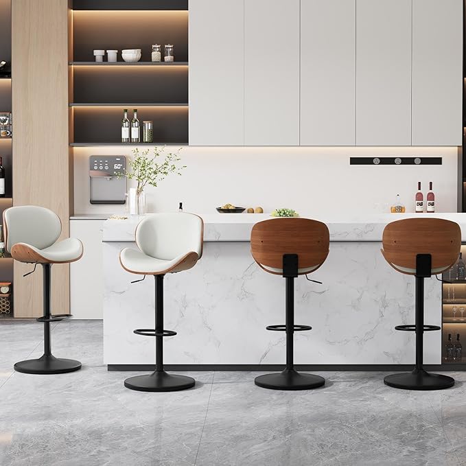 Furniliving Bar Stools Set of 4, Adjustable Height Swivel Bentwood Barstools, Upholstered Bar Chairs with Footrest, Ergonomic Modern Bar Stools for Dining Room, Kitchen, Bar, White, PU