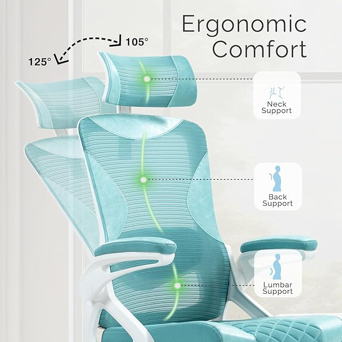 SEATZONE Ergonomic Office Chair,High Back Mesh Office Chair with Adjustable Headrest and Lumbar Support,Swivel Rolling Computer Chair Cute Desk Chair with Wheels,Blue