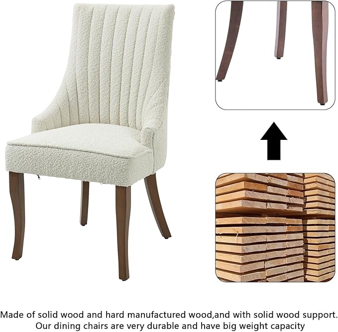 mikibama Boucle Dining Chairs Set of 4 Channel Tufted Kitchen Dinner Chair Comfy Teddy Fabric Upholstered Accent Chair for Dining Room with Solid Wood Legs (Off White 4pc)