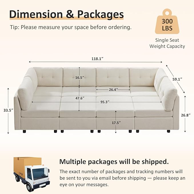VANOMi 6 Seat Modular Sectional Sofa with 2 Ottomans, 118" Convertible Modular Cloud Sofa Bed, Comfy Chenille Sofas & Couches for Living Room, Apartment, Office, Beige, Large Sofa Bed