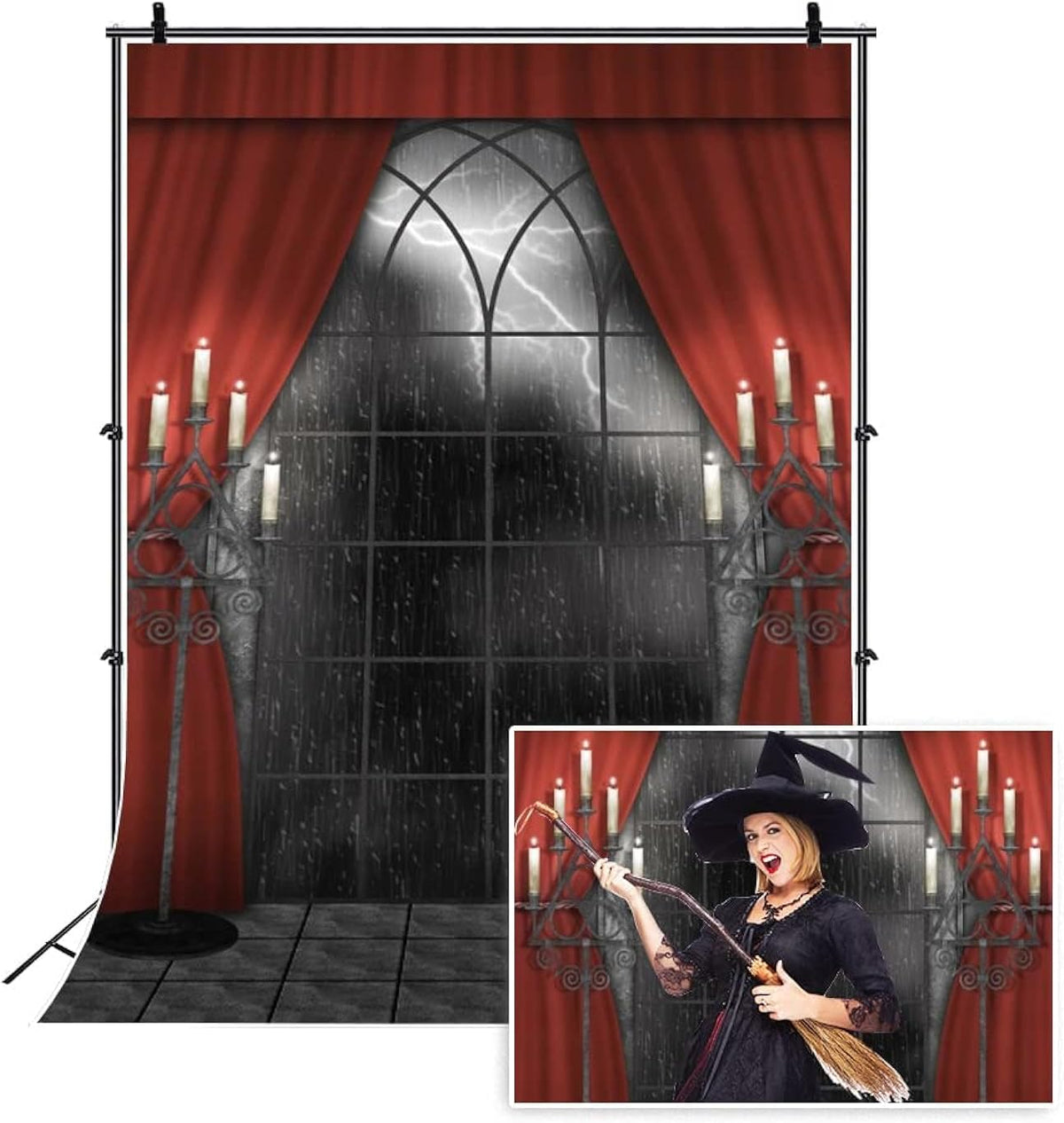 Renaiss 4x6ft Vintage Gothic Window Backdrop Red Curtain Candlestick Black Floor Lightning Stormy Sky Vampire Medieval Castle Photography Background Halloween Dress Up Party Decors Photo Booth Props