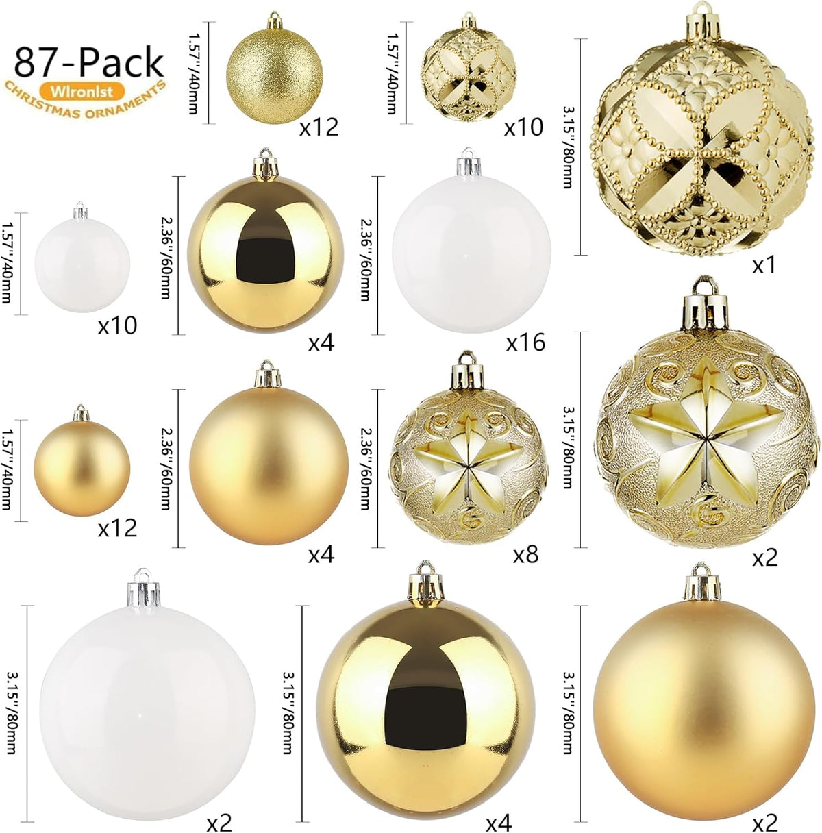 87-Pack Shatterproof Christmas Ball Ornaments Set, Christmas Tree Decorations with Hand-held Gift Package for Xmas Tree Holiday Wedding Party, Gold