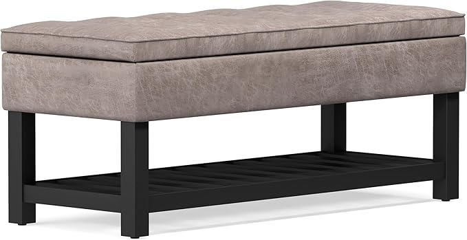 SIMPLIHOME Cosmopolitan Storage Ottoman Bench - 44 inch Wide Upholstered Vegan Leather Rectangle Storage Ottoman in Distressed Grey Taupe, Transitional Bench for Bedroom with Tufted Lift-Top and Shelf