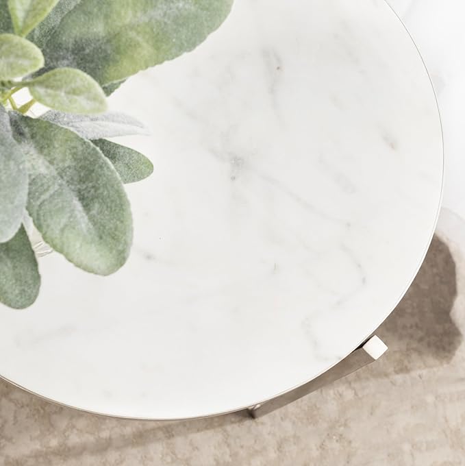 Kate and Laurel Aguilar Modern Round Side Table, 15 x 15 x 24, White and Silver, Genuine Marble Nightstand for Small Spaces and Living Room Décor
