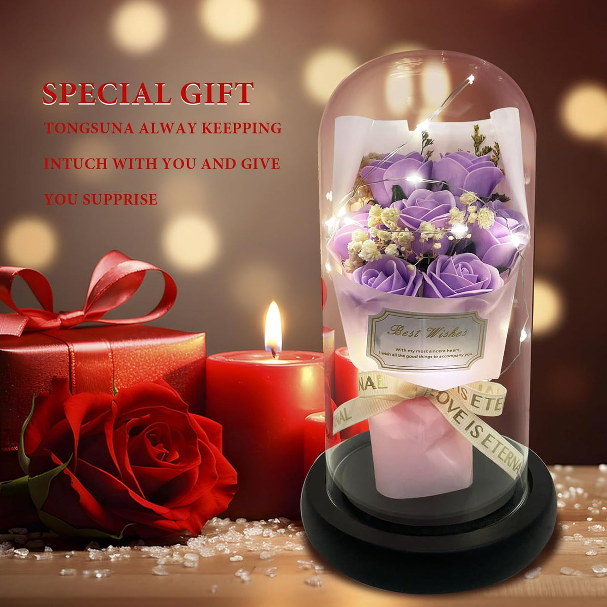 Gift for Her Forever Flower Bouquet for Delivery Prime Preserved Purple Roses Glass Dome LED Light 100 Languages I LOVE YOU Necklace Mothers Day Birthday Romantic Valentines Gift for Wife Women Mom